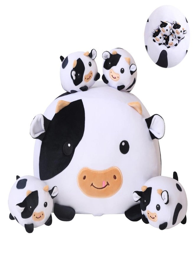 SQEQE Cow Stuffed Animal 5 in 1, Cute Cow Plush Bedtime Toys, Ultra Soft Dairy Cattle with 4 Babies Inside, Milk Cows Soft Plushies Pillow Gift for Kids Birthday Christmas Valentine's - Image 1